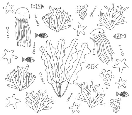 Seaweed and jellyfish vector set. Doodle seaweed, jellyfish, little fish, coral, seagrass, starfish, bubbles. Hand drawn sea life elements isolated. Cute doodle stickers.のイラスト素材