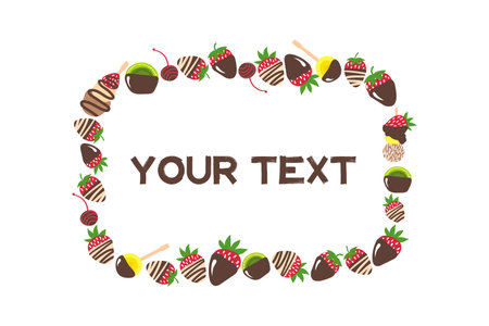 Cute delicious vector frame. Tasty vector sweet candy frame. Strawberry in dark and white chocolate, kiwi fruit, banana slice, cherry.のイラスト素材