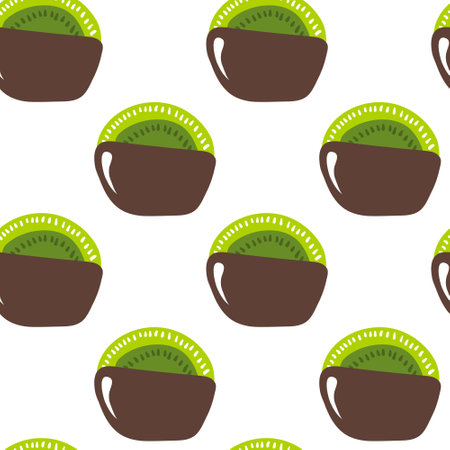 Kiwi fruit in dark chocolate seamless pattern. Cute dessert in cartoon style. Design for home decor, greeting cards, fashion textiles.のイラスト素材