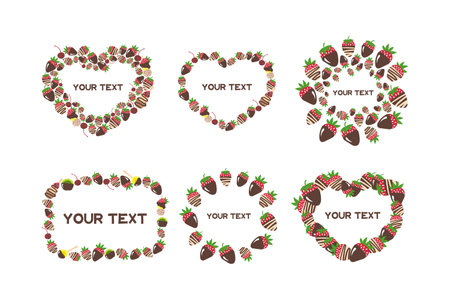 Cute lovely cards set for birthday, Valentine's Day, wedding, candy shop. Sweets, candy, fruits, chocolate, berry, strawberry, cookie, heart cookie. Romantic frames for text.のイラスト素材