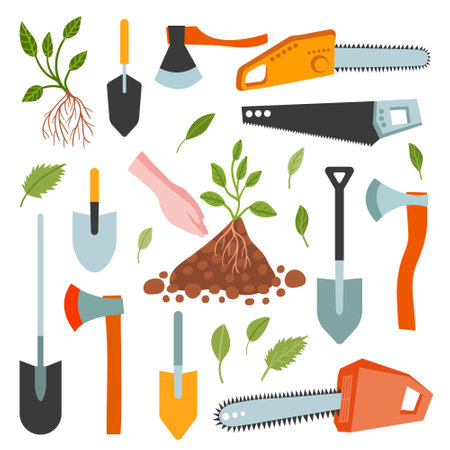 Vector gardening tools set. Flat horticultural spring set. Shovel, axe, plant, chainsaw.のイラスト素材