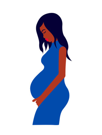 Pregnant black woman flat illustration. Pregnancy illustration. Pregnant woman holds her belly.のイラスト素材