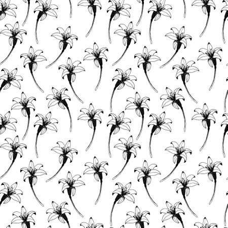 Daylily vector seamless pattern. Hand drawn flowers of day lily on white background. Design for wedding decor, wallpapers, curtains, textile, wrapping paper. retro pattern.のイラスト素材