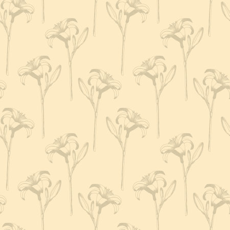 Daylily vector seamless pattern. Hand drawn flowers of day lily on beige background. Design for wedding decor, wallpapers, curtains, textile, wrapping paper.のイラスト素材