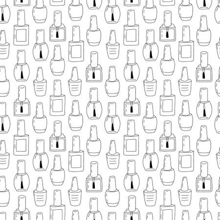 Vector gel polish glass bottles seamless pattern. Hand drawn gel polish bottles different shapes backgroundのイラスト素材