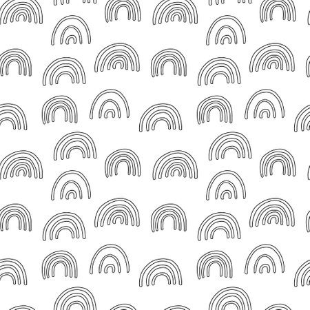 Cute doodle seamless pattern with rainbows. Hand drawn vector rainbow pattern on white background.のイラスト素材
