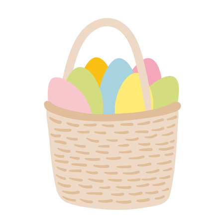Easter basket with colored eggs. Hand drawn Easter greeting card. Wicker basket with colored eggs.のイラスト素材