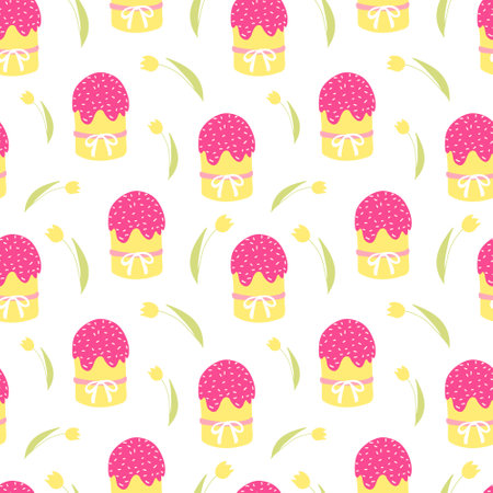 Easter cake and tulip pattern. Hand drawn cartoon seamless pattern. Vector glazed Easter cake and pink tulip on white background. Design for wrapping paper, home decor, kitchen textile, cards.のイラスト素材