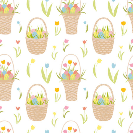 Easter basket with eggs seamless pattern. Hand drawn vector seamless pattern. easter holiday decor. Wicker basket, colored eggs, plants, tulips. Wrapping paper, holiday decor, home textile.のイラスト素材