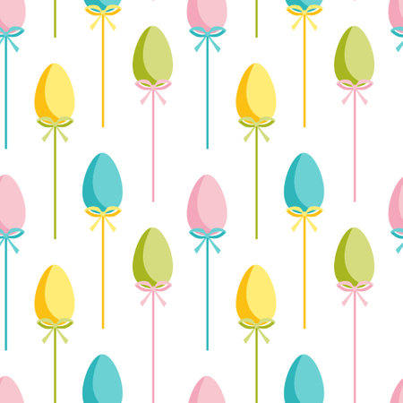 Easter eggs seamless pattern. Happy Easter. Flat style eggs on stick with bow. Colorful seamless pattern. Holiday decor, wrapping paper, wallpaper, kitchen textile.のイラスト素材