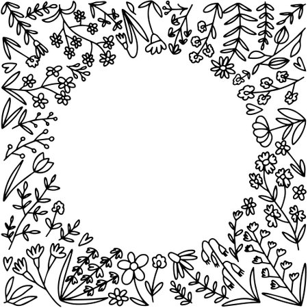 Vector doodle wild flowers frame illustration. Hand drawn different kinds of flowers frameのイラスト素材