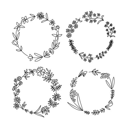 Vector set of wreathes with many summer flowers. Different wreathes with wild doodle flowers setのイラスト素材