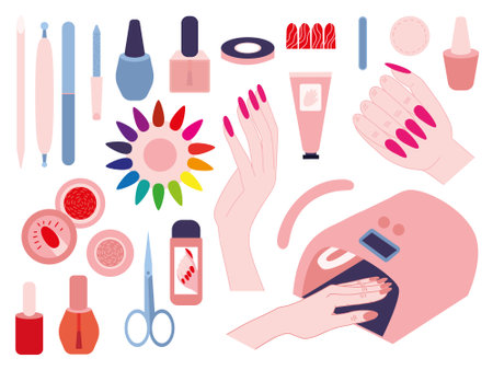 Vector flat style manicure tools set. Different kinds of manicure equipment flat vector set. Nail salon tools illustrationのイラスト素材