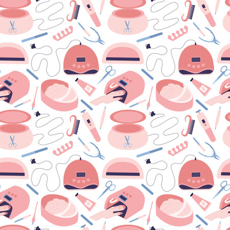 Vector manicure tools seamless pattern. Different manicure salon instruments pattern. UV lamp, scissors and nail polish vector illustrationのイラスト素材