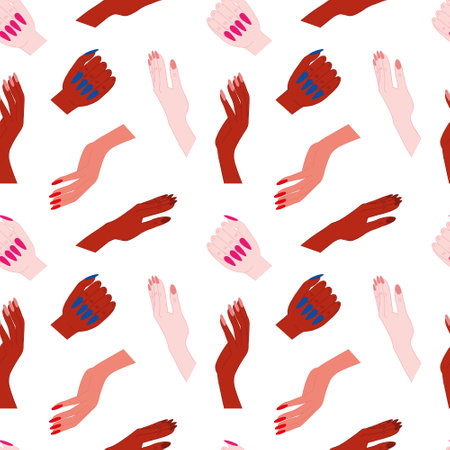 Different skin colored woman hands seamless pattern. Woman hands with manicure on white background.のイラスト素材