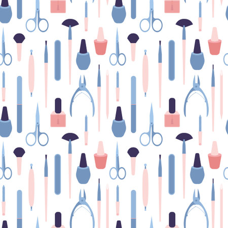 Vector manicure seamless pattern. Flat manicure salon tools on white backgroundのイラスト素材