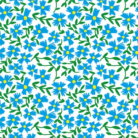 Vector corn flower seamless pattern. Mille fleur pattern with blue corn flowers. Textile with millefleur printのイラスト素材