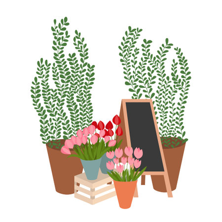 Different kinds of flowers set with street chalkboard flat vector illustration. flowers street shop compositionのイラスト素材