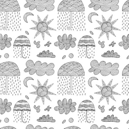 Vector weather objects seamless pattern in doodle style. Hand drawn sun, clouds, rain and umbrella on white backgroundのイラスト素材