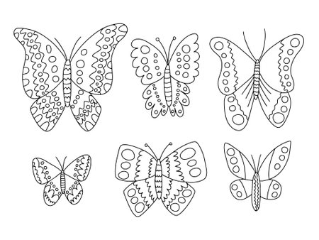 Different kinds of butterflies vector hand drawn set. Black and white butterflies doodle set. Cabbage, peacock butterfly and purple emperorのイラスト素材