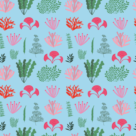 Seaweed and coral seamless pattern. Different kinds of ocean plants and algae patternのイラスト素材