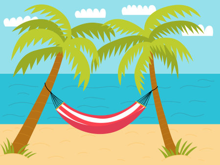 Vector sandy beach with palms and hammock flat illustration. Flat style beach landscape illustration with green tropical palms and hammockのイラスト素材