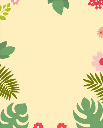 Vector summer background with palm leaves and summer flowers. Flat vector background with tropical leaves and flowersのイラスト素材