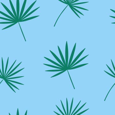 Green chamaerops leaves seamless pattern. Vector chamaerops leaves on blue backgroundのイラスト素材