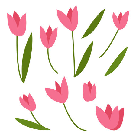 Flat pink tulips bouquet in vase vector illustration. Pink tulips in gray vase isolatedのイラスト素材