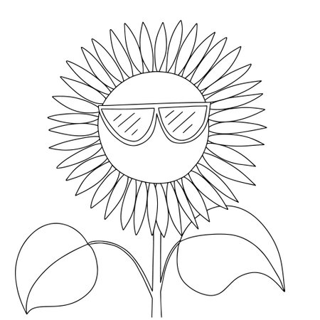Coloring page with cute sunflower in sunglasses. Hand drawn vector sunflower coloring pageのイラスト素材
