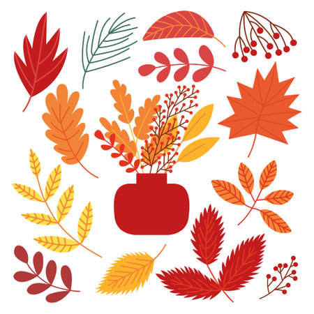 Autumn leaves bouquet vector set. Flat autumn foliage and berries set.のイラスト素材