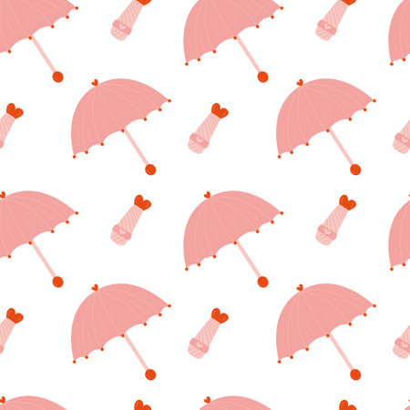 Pink umbrella seamless pattern. Cartoon open and folded pink umbrella patternのイラスト素材