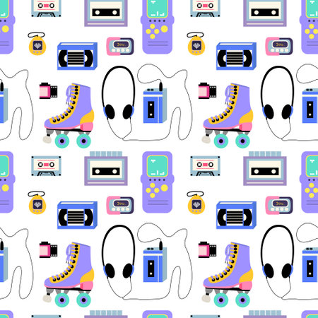Classic 80s and 90s vector seamless pattern in flat style. Retro 90s elements pattern