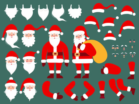 Constructor of Santa Claus flat style. Different faces, Christmas hats, mustache, beard and body part vector set. Santa Claus creation kit vector flat style.のイラスト素材