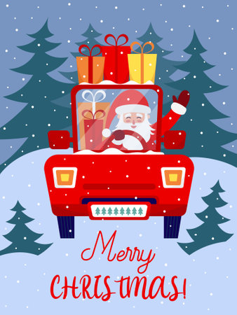 Santa Claus driving a car with gifts Christmas flat illustration. Merry Christmas flat greeting card with Santa in car and gift boxes. Vector stock illustration.のイラスト素材