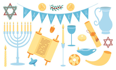 Hanukkah flat style vector set. Different Hanukkah holiday symbols setのイラスト素材