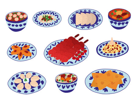 Set of Central Asian food cuisine dishes in cartoon style. Different kinds of central Asian cuisine samsa, shorpa, shashlik, pilaf, lagman soup and beshbarmak vector setのイラスト素材