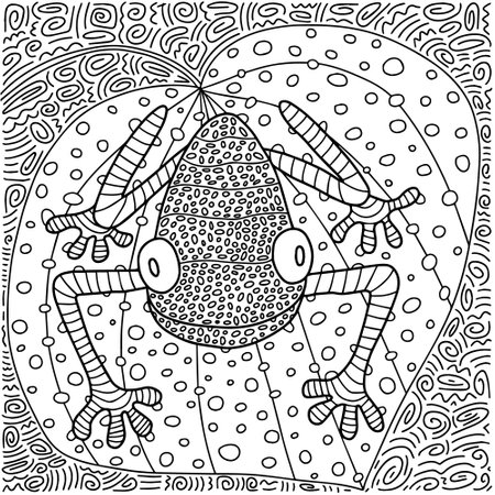 Cute frog coloring page. Hand drawn toad sitting on leaf coloring page.のイラスト素材