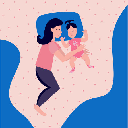 Happy mother sleeping with her child on bed. Mom and baby girl sleeping togetherのイラスト素材