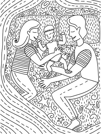 Cute young family sleeping with child in bed coloring page. Coloring page with mother and father hugging their baby. Vector stock illustrationのイラスト素材