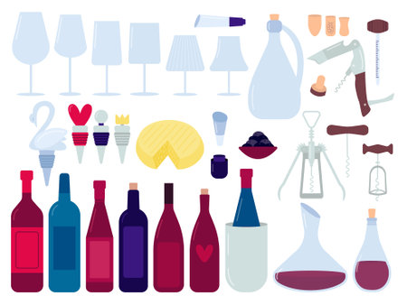 Wine production flat design set. Vector different wineglasses, red wine bottles, other sommelier tools setのイラスト素材