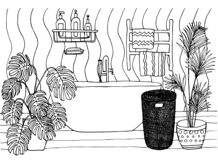 Bathroom interior coloring page. Fantastic coloring book for children and adults. Cute and cozy bathroom with lot of plants. Hand drawn anti stress vector illustration.のイラスト素材