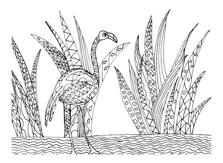Fantastic coloring book with flamingo isolated on white background for children and adults. Anti stress art. Vector outline doodle illustration. Stylish ornaments, meditation, relaxation.のイラスト素材