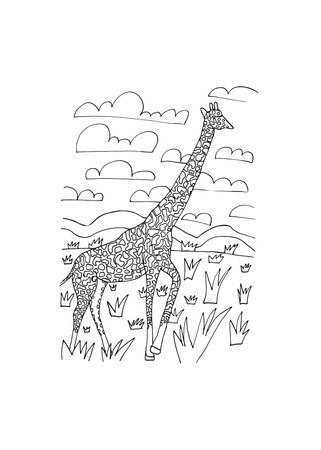 Fantastic coloring book with giraffe isolated on white background for children and adults. Anti stress art. Vector outline doodle illustration. Stylish ornaments, meditation, relaxation.のイラスト素材