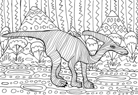 Parasaurolophus coloring page. Coloring book with fantastic dinosaur and volcanic landscape. Cute ornaments. Fun for children and adults.のイラスト素材