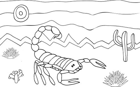 Coloring page with scorpion, desert landscape, cactus, plants. Anti stress coloring book for children and adults. Vector stock illustration.のイラスト素材