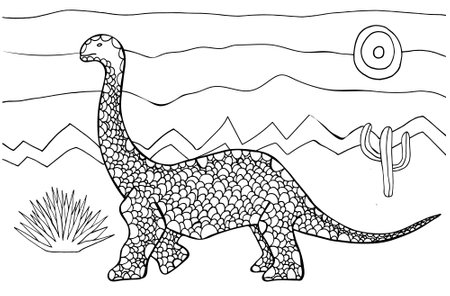 Diplodocus vector illustration. Coloring page with fantastic dinosaur in wild landscape. Cute ornaments for children and adults.のイラスト素材