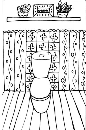 Cozy toilet coloring page. Bathroom interior design with toilet, decorating tile, shelf with plants and picture. Coloring book for children and adults.のイラスト素材