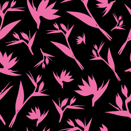 Seamless strelitzia pattern. Vector pink flower pattern isolated on black background. Strelitzia, tropical flower, crane lily, bird of paradise. Design for fashion textile, decoration.のイラスト素材