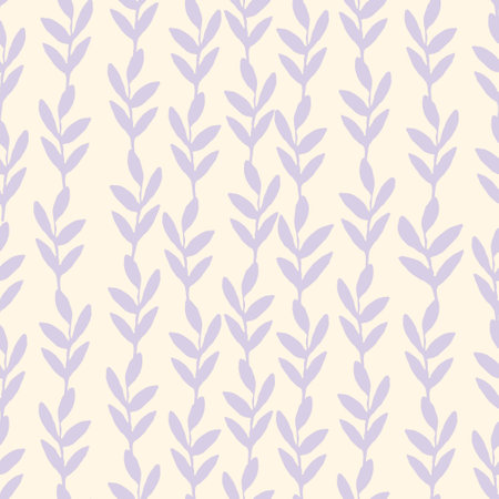 Seamless vector vertical leaves pattern. Pastel lilac brunches with leaves isolated on sandy background. Design for textile, fashion, decoration.のイラスト素材